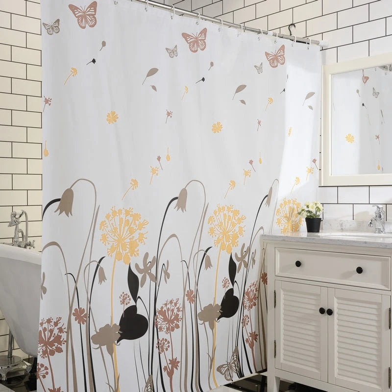 rideau douche fleuri moderne fleurs papillons motifs naturels blancs jaunes marrons noirs imperméable