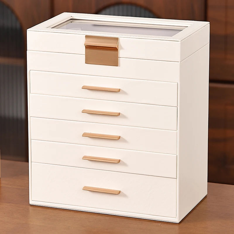 boîte bijoux cuir pu blanc moderne miroir compartiments poignées dorées portable