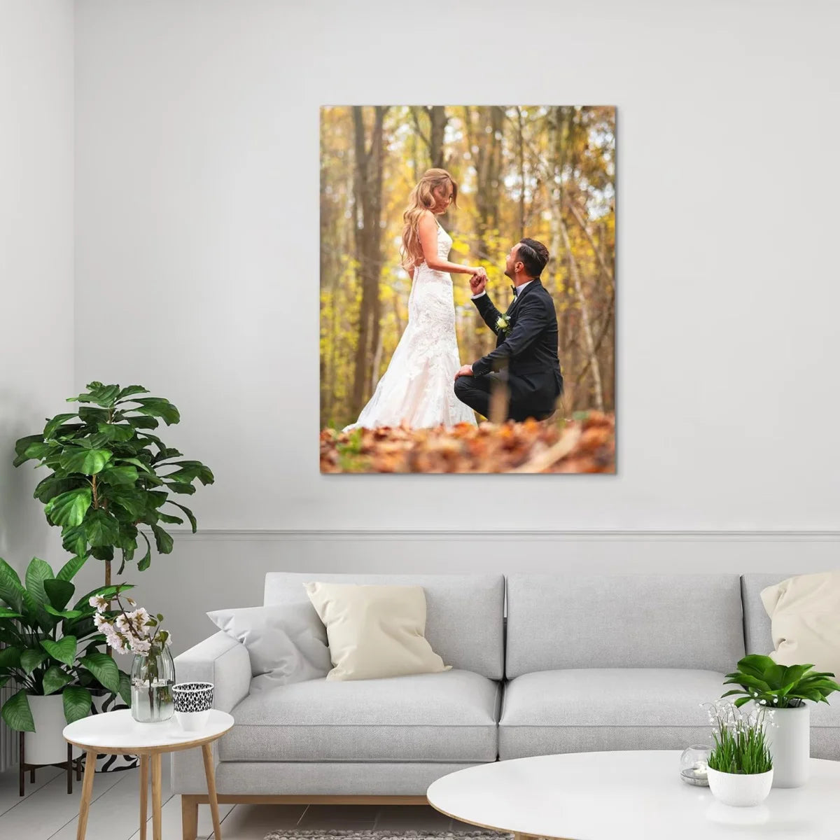 impression toile encadrée couple demande mariage décor automnal romantique blanc tons chauds 50x70cm 40x60cm