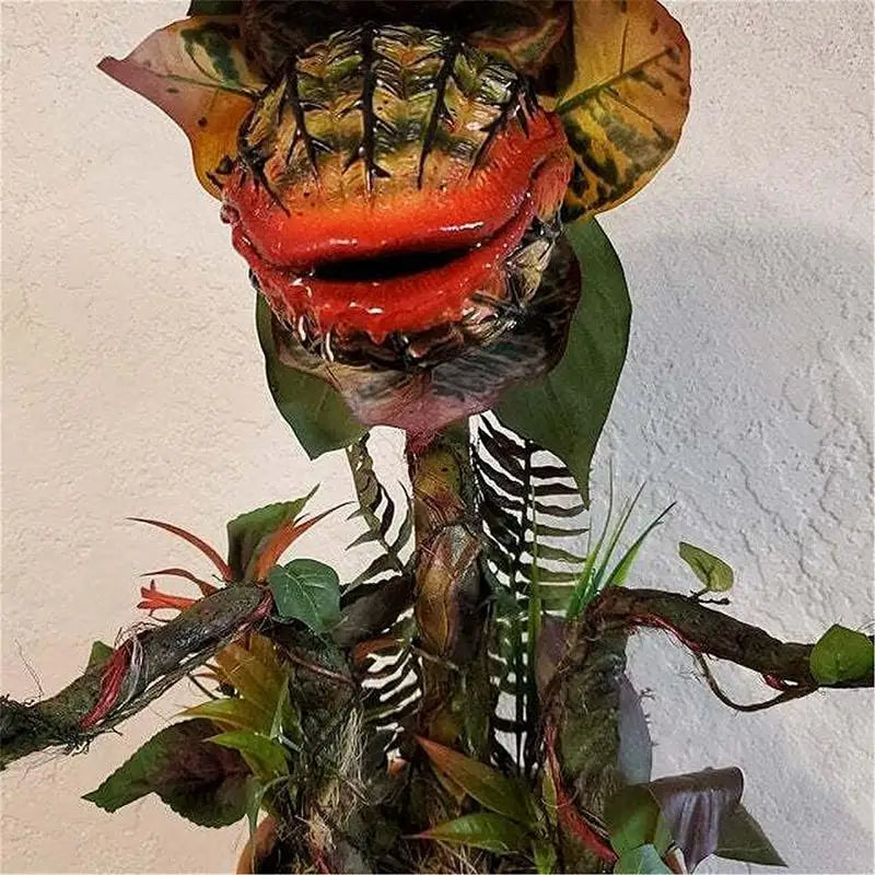 statue plante carnivore audrey ii halloween réplique plante vert rouge marron feuilles texturées pot