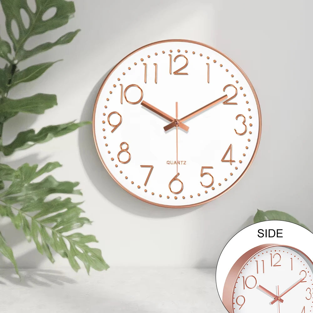 horloge murale moderne quartz aiguille cadran blanc cadre doré numeros 3d relief 10 12