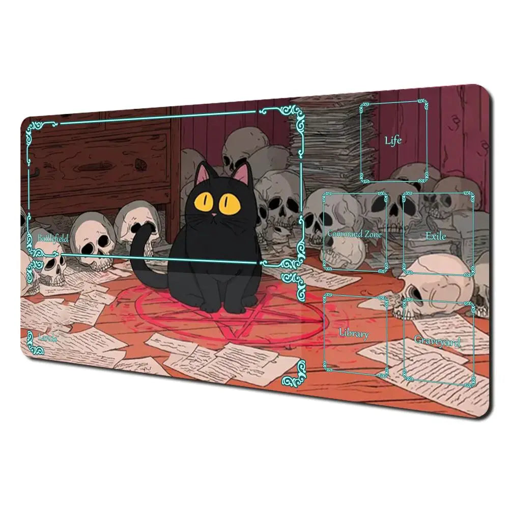 tapis jeu playmat chat épée cartes géométrique orange noir rouge illustration animateur