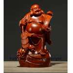 statue bois bouddha riant feng shui traditionnel asiatique base sculptée pièces monnaie bannière