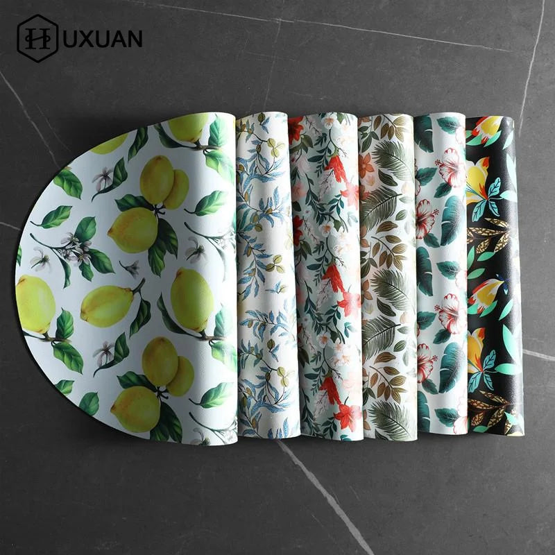 tapis table moderne fleurs feuilles citrons blanc vert jaune rouge beige