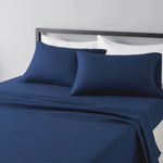 ensemble draps bleu marine profond tissage serré doux moderne minimaliste pièces drap housse plat