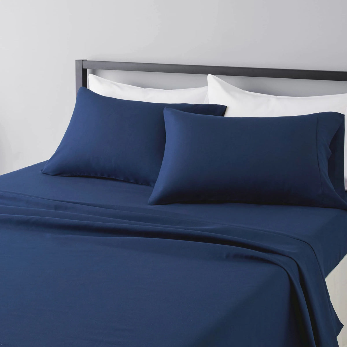 ensemble draps bleu marine profond tissage serré doux moderne minimaliste pièces drap housse plat