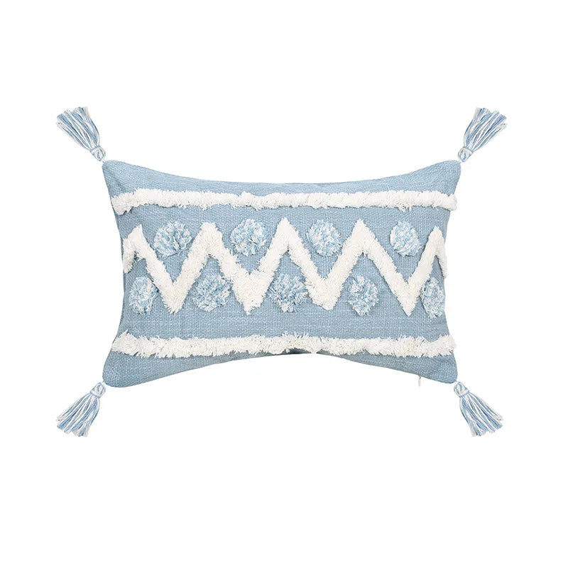 coussin decoratif bleu blanc motif geometrique moderne boho chic amovible lavable tassel adhésif coton