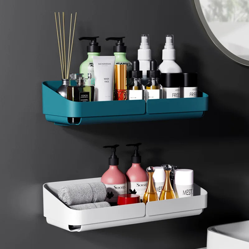 étagère rangement murale adhésive bleu jaune blanc moderne bouteilles flacons pots cosmétiques salle bains