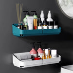 étagère rangement murale adhésive bleu jaune blanc moderne bouteilles flacons pots cosmétiques salle bains