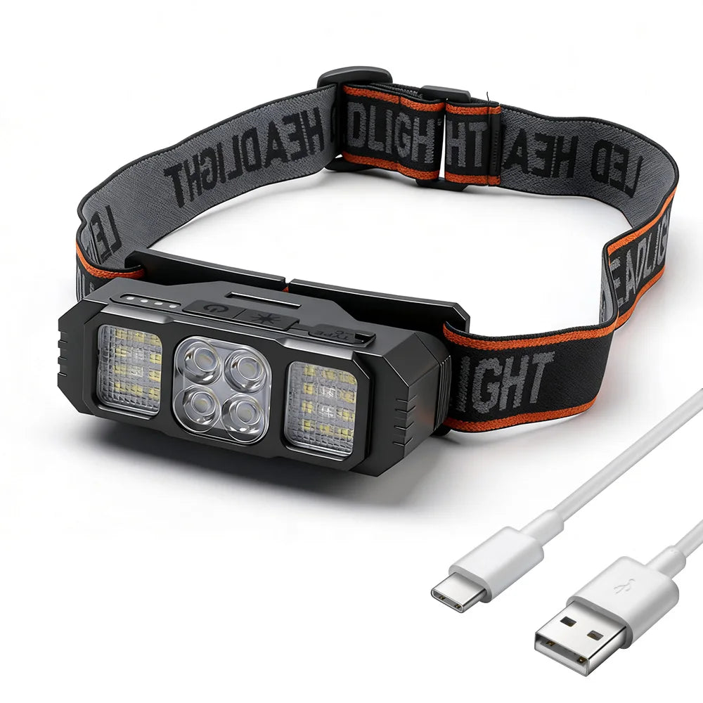 lampe frontale led rechargeable camping noir gris orange bandes imprimées indicateur batterie modifiable ceinture