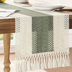 tableau lin chemin table géométrique franges rustique bohème beige blanc