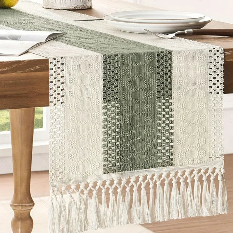 tableau lin chemin table géométrique franges rustique bohème beige blanc