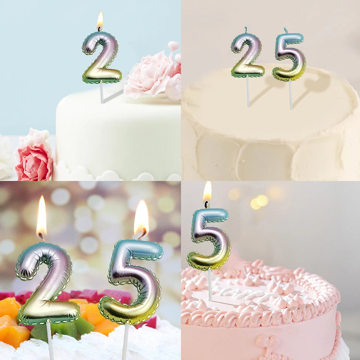 bougies forme chiffre anniversaire or argent bleu rose gradient moderne festives tringle