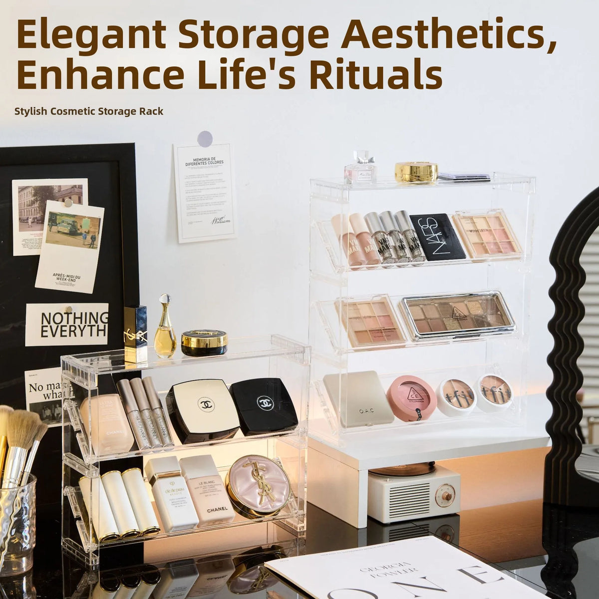 organiseur cosmétique transparent étagère minimaliste palettes maquillage bouteilles vernis ongles produits beauté