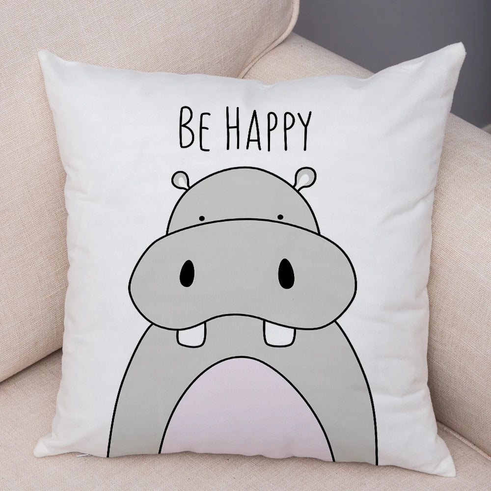 taies d'oreiller animaux girafe lion hippopotame cartoon couleurs positives be brave be unique