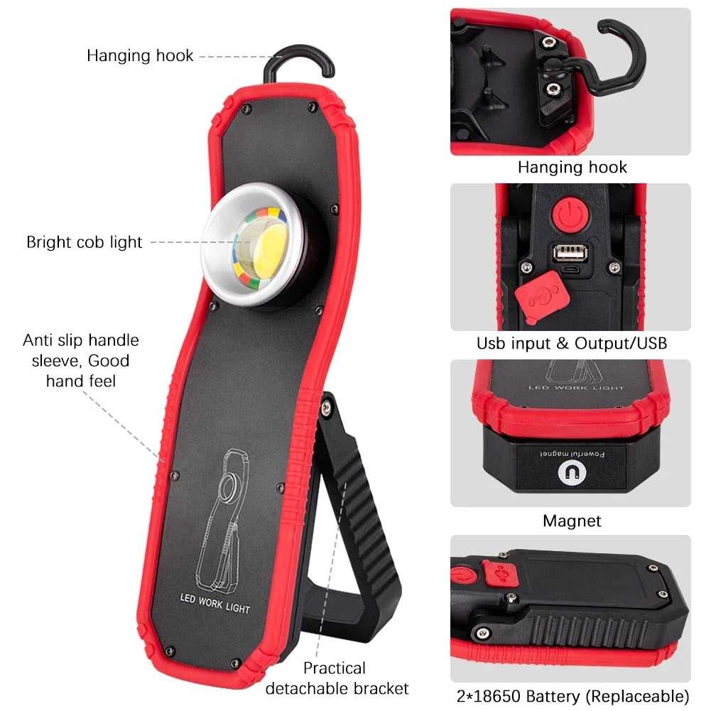 lampe poche led rechargeable usb crochet suspension aimant noir rouge camping travail