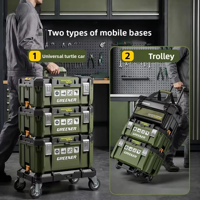 boîte outils modulaire pratique robuste vert olive mat poignées roulettes compartiments divisibles