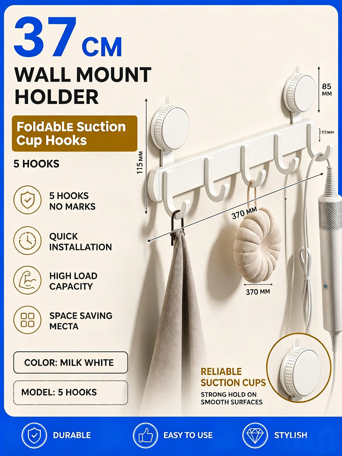 porte sacs mural blanc lait crochets pliables ventouse moderne minimaliste salle bain cuisine