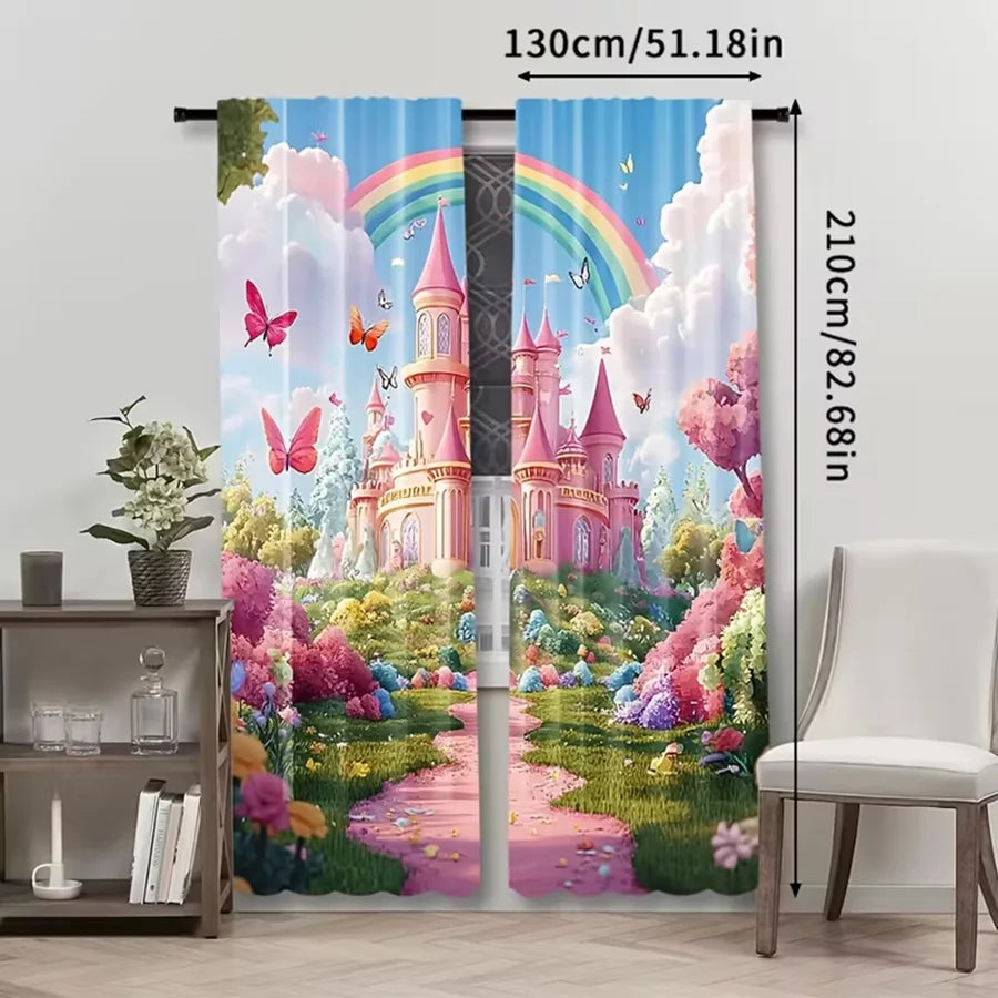 rideau multicolore motif féerique château arc ciel papillons nuages fleurs fantaisie enfantin polyester 100