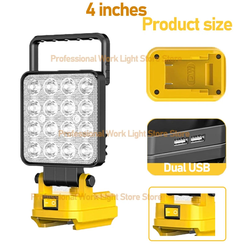 lampe travail led jaune moderne robuste interrupteur luminosité port usb poignée transport sans fil