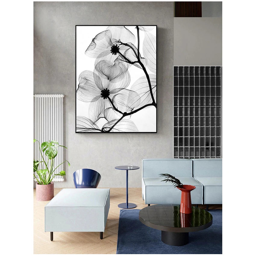tableau toile art minimaliste fleurs abstraites noir blanc gris décoration murale maison contemporaine