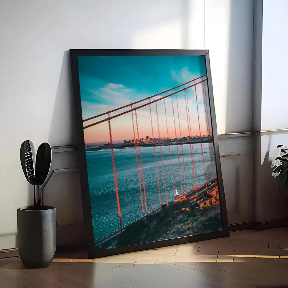 affiche toile pont golden gate coucher soleil bleu orange moderne paysagerintérieur decoration