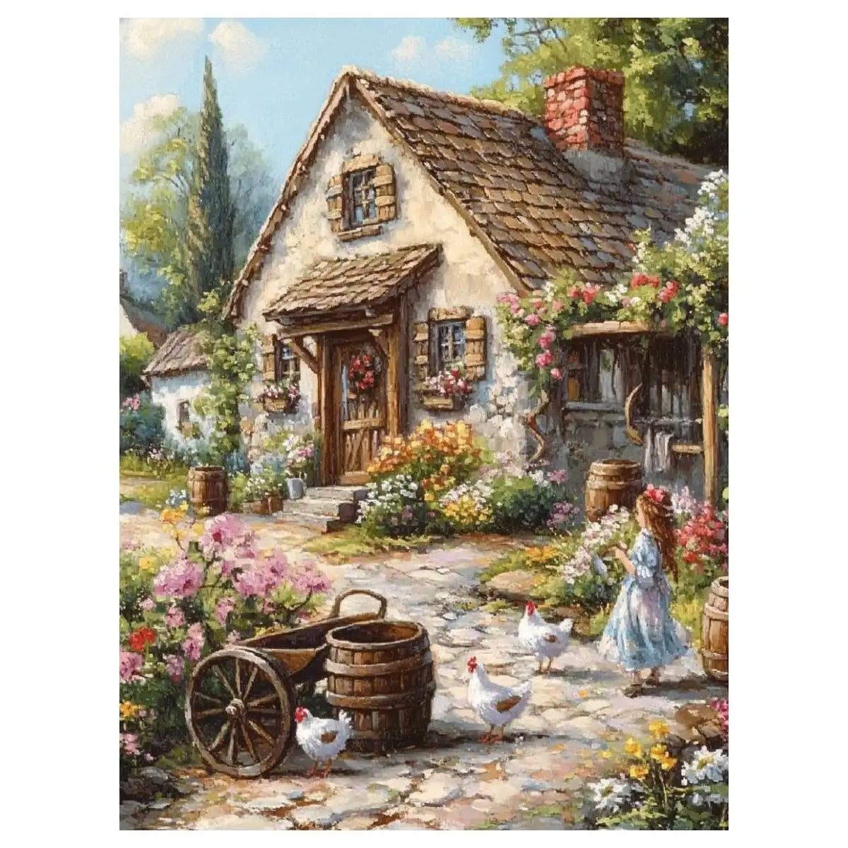 toile broderie paysage rural maison jardin fleuri peinture traditionnelle DIY instructions aiguilles fils multicolores