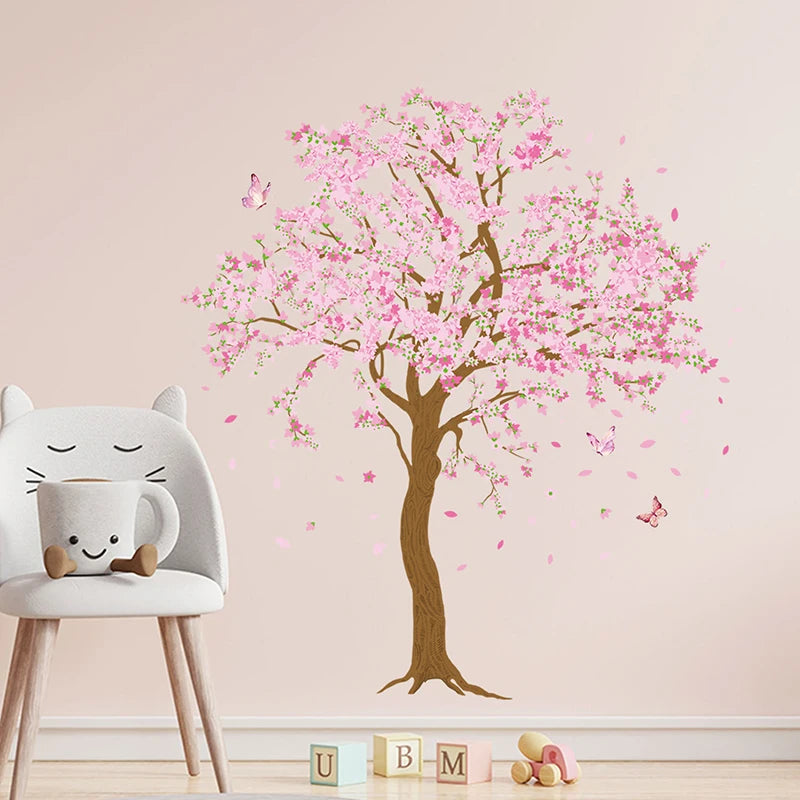 sticker mural fleurs cerisier papillons rose brun décoration enfant chambre salon familial