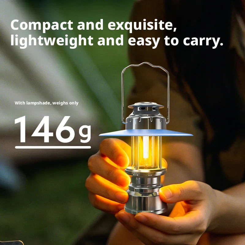 lampe camping portable rechargeable bleu retro abatjour translucide argentéextérieur ambiance effet flamme