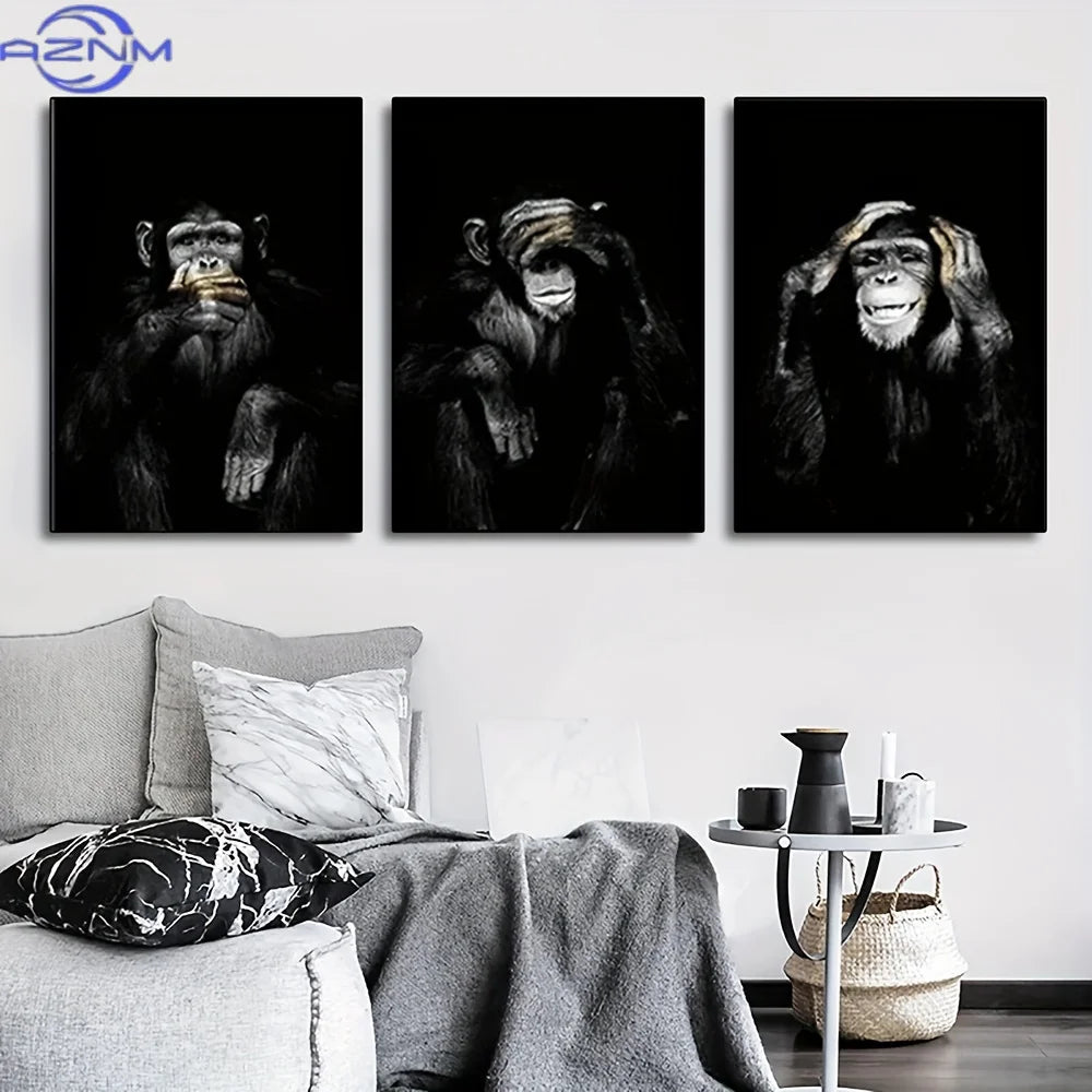 affiches toile art contemporain singes poses noires blanches sans cadre pièces 60x80cm
