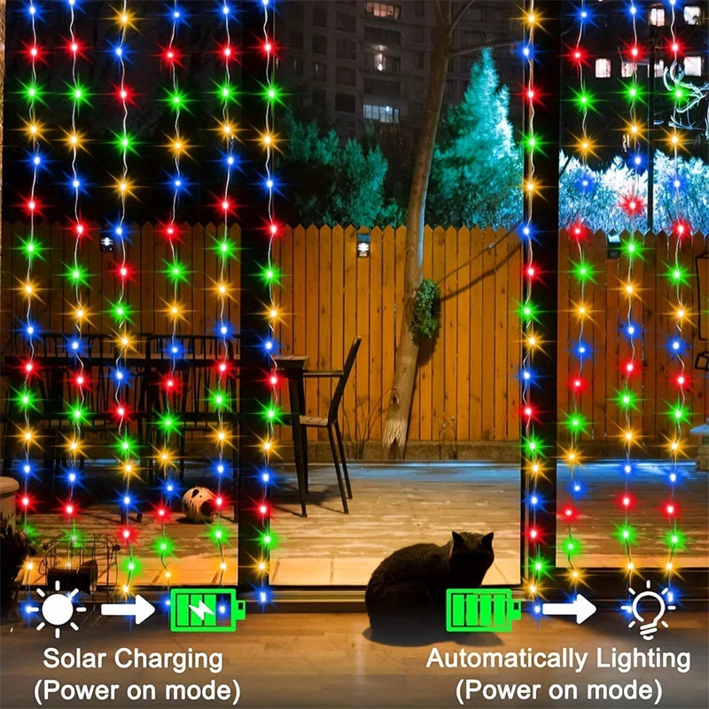 rideau lumineux led solaire multicolore festif cascade jardin fete deco vacancesextérieur moderne