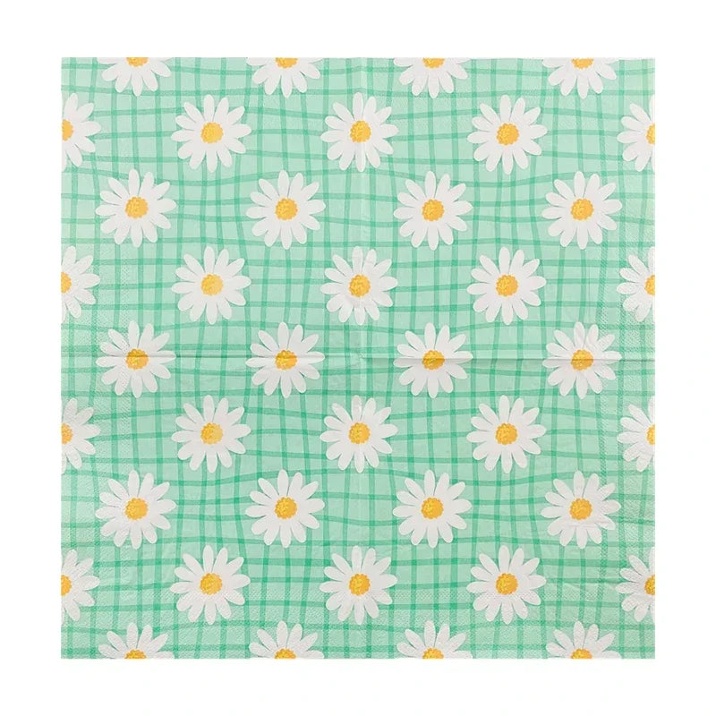 serviettes papier imprimées carreaux fleurs motif vert clair blanc jaune rustique 20 pièces