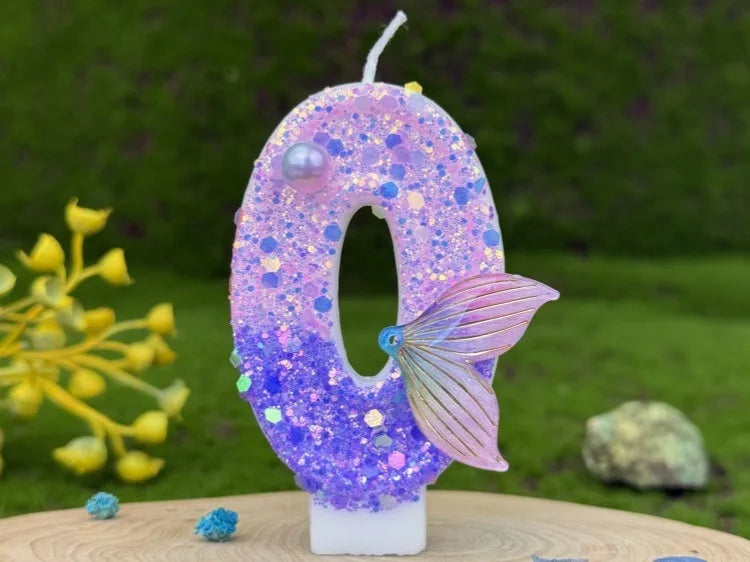 bougies numéraires paillettes sirène violet doré anniversaire décoration gâteau thème pois queue poisson festive
