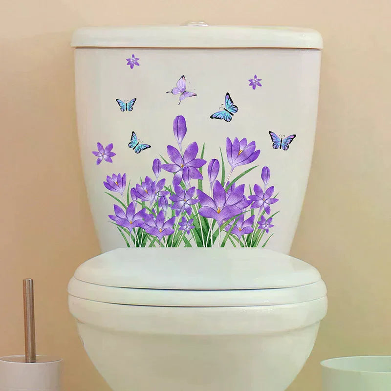 sticker mural papillon fleur violet herbe verte adhésif décoration maison salle bain salon chambre