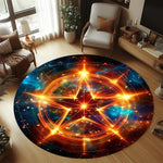tapis rond moderne étoile symboles astrologiques géométriques bleu doré violet orange noir
