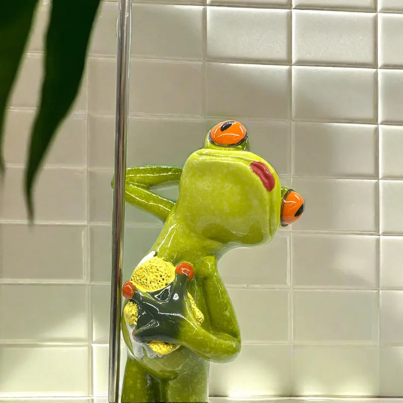 statue grenouille verte douching figurine résine décorative humoristique salle bains