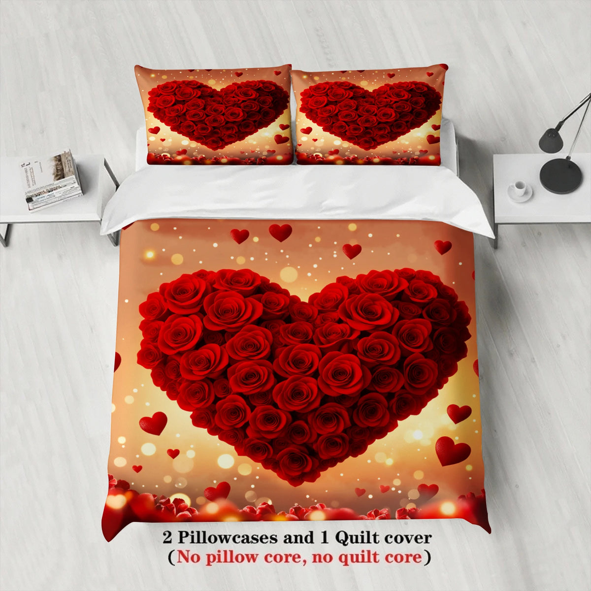 ensemble literie rouge coeurs roses moderne taies doreiller beige adultes chambre coucher