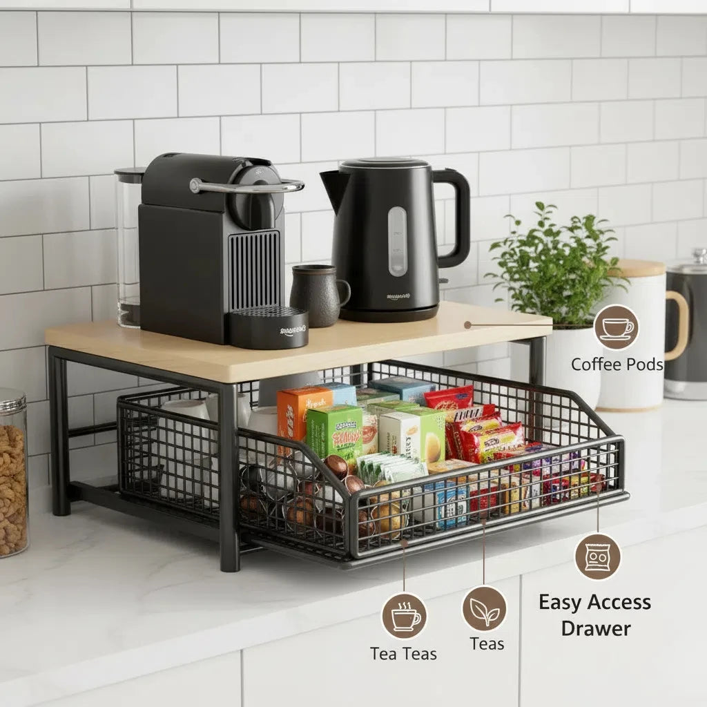 meuble rangement cuisine noir tiroir grille bois compartiments organisation dosettes thé minimaliste