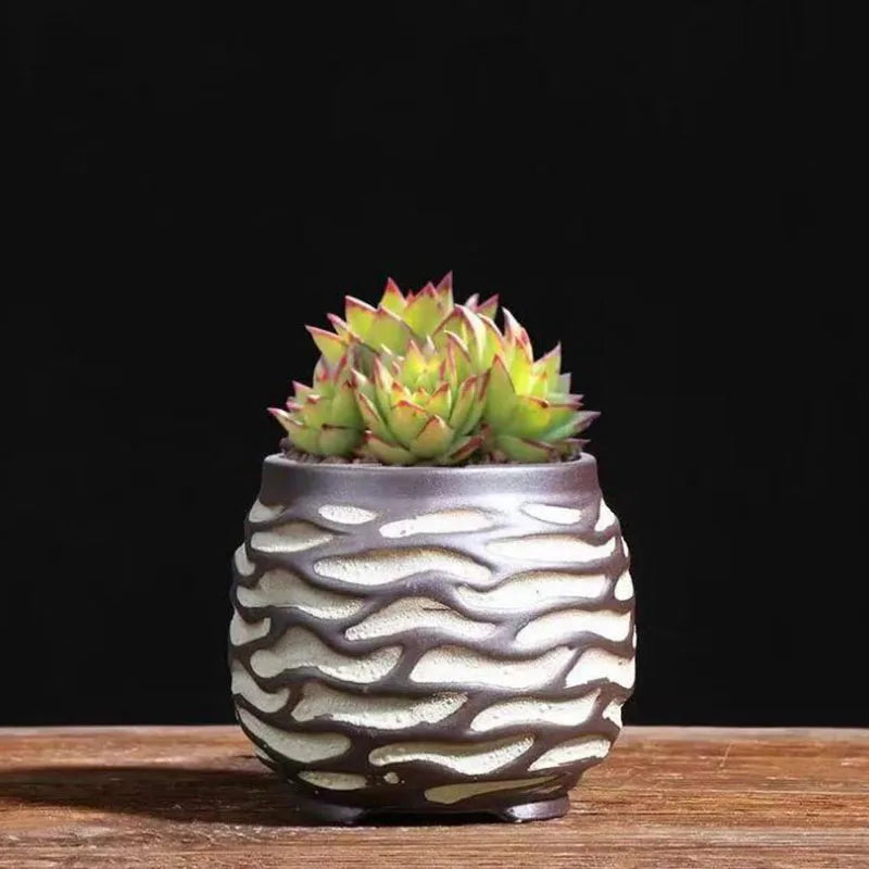pots fleurs céramique glaçure abstraite bleu rose marron rustique plante verte artisanat