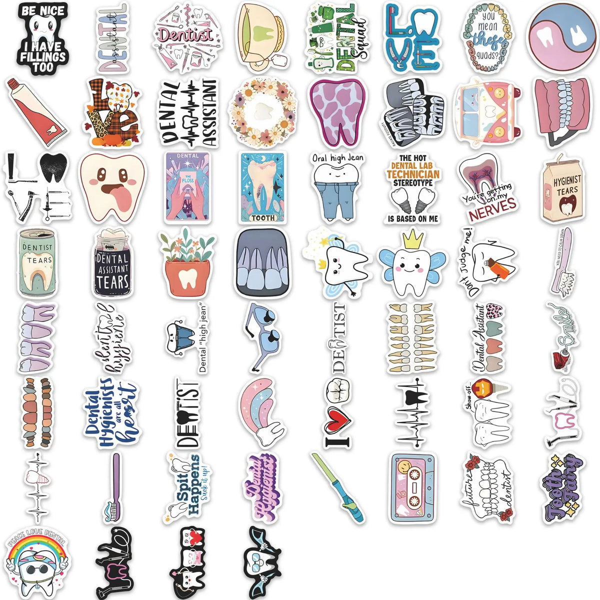 stickers dentaires die cut multicolores motifs dentaires cartoon adhésifs dents instruments dentistes humour professionnels