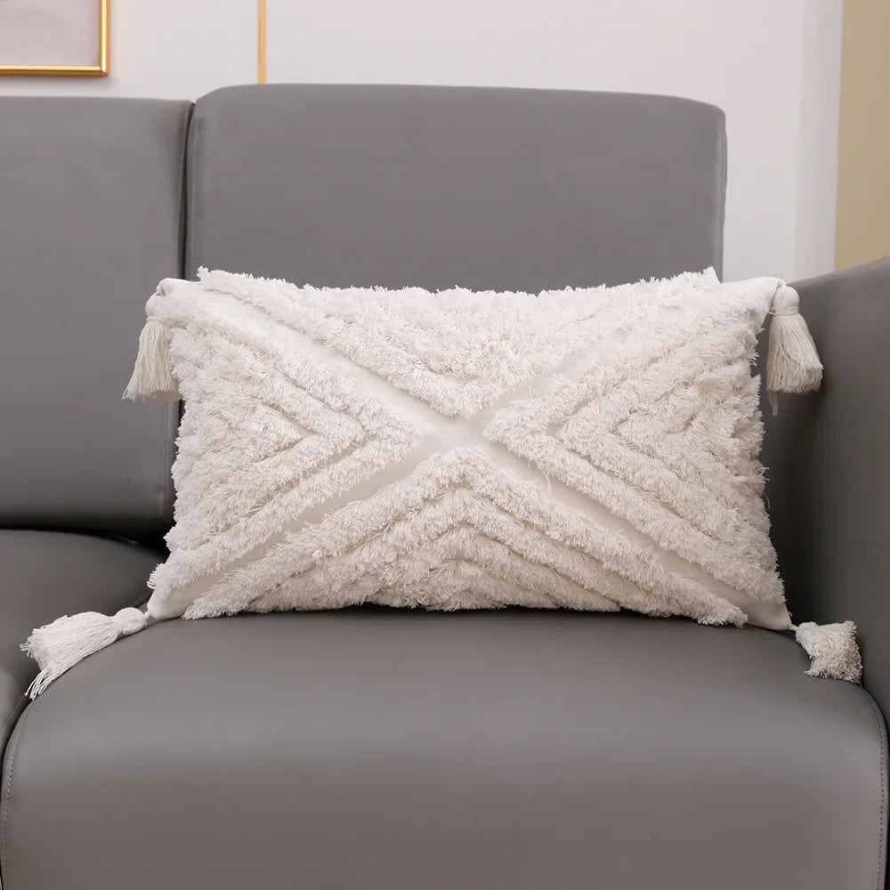 coussin carré géométrique blanc boho chic franges opaques décoration maison voiture