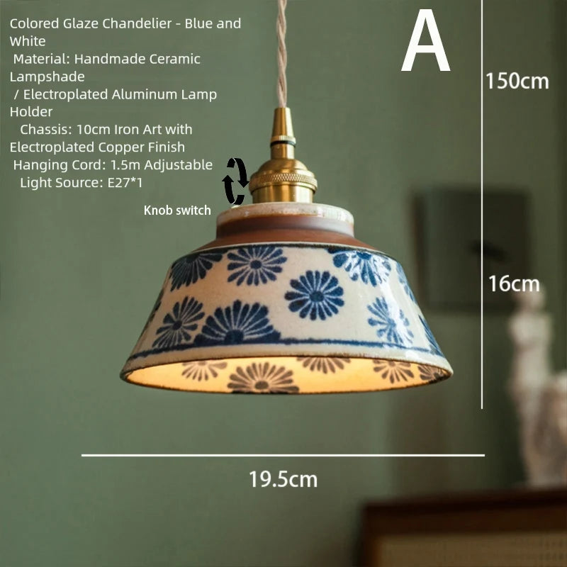 lampe suspendue vintage blanc bleu fleurs rayures cordon ajustable ampoule E27 chambre salon restaurant