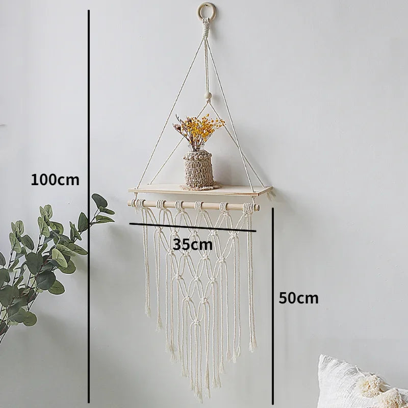 étagères suspendues macramé boho rustique étagères plantes vase céramique cadre photo coussin franges