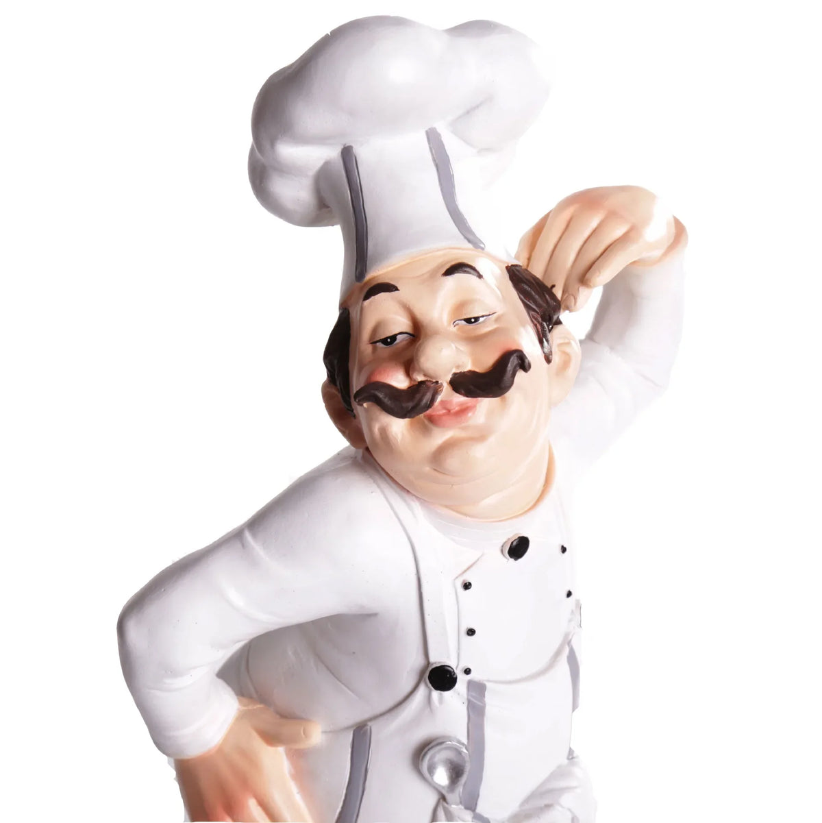 statue cuisinier résine détails sculptés assiette dessert gobelet bouteille sauce plateau pain blanc gris