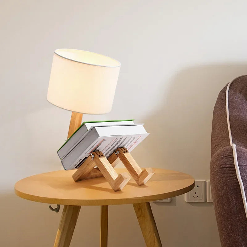 lampe table bois naturel tissu beige moderne minimaliste led ajustable chambre
