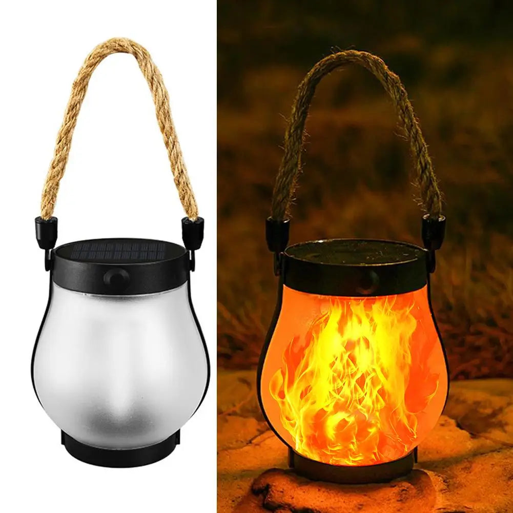 lanterne solaire rechargeable effet flamme transparente moderne rustique corde argentée noire orangée