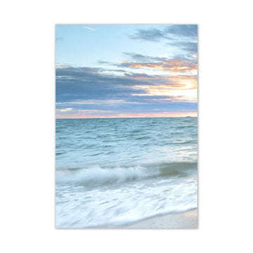 tableau paysage marin coucher soleil cadre doré décoration salon moderne toile bleu blanc