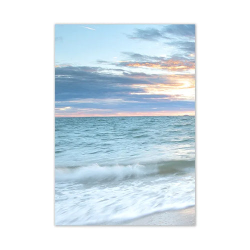 tableau paysage marin coucher soleil cadre doré décoration salon moderne toile bleu blanc