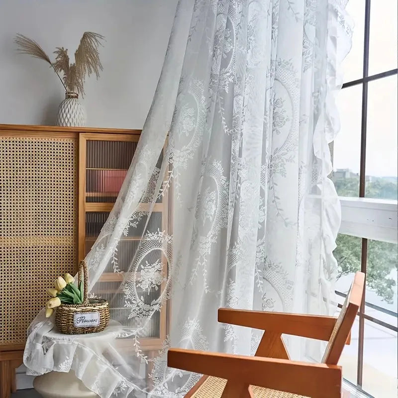 rideau floral vintage polyester translucide salon blanc vert