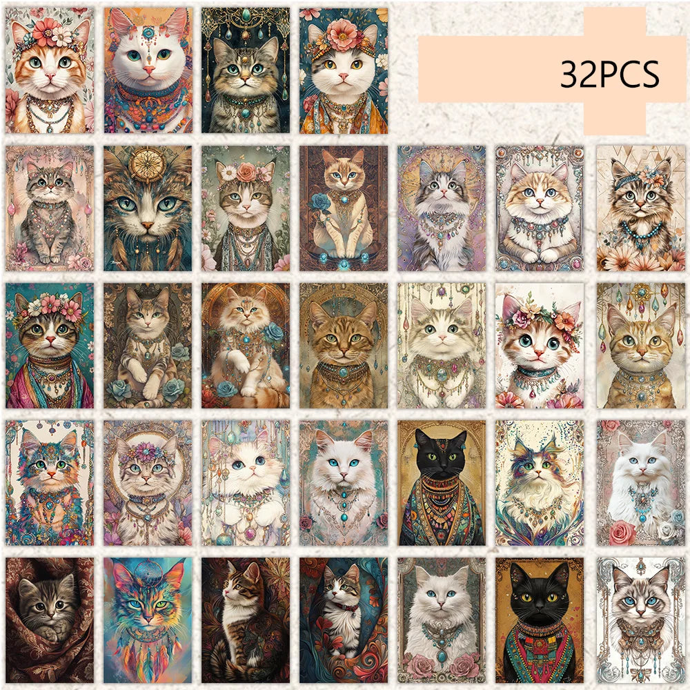 cartes postales multicolores chats accessoires artistiques vintage illustrées fleurs bijoux plumes